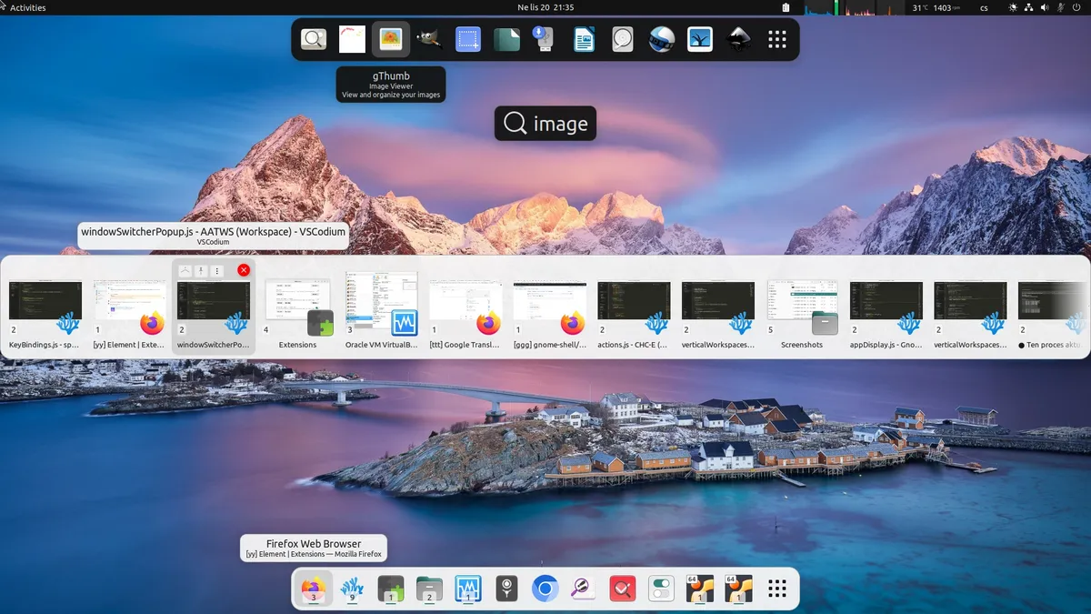 AATWS switcher showing window thumbnails with a search field