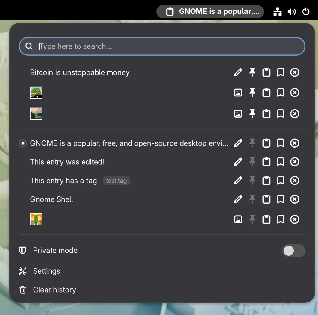 Clipboard Indicator menu with search, clipboard history and private mode