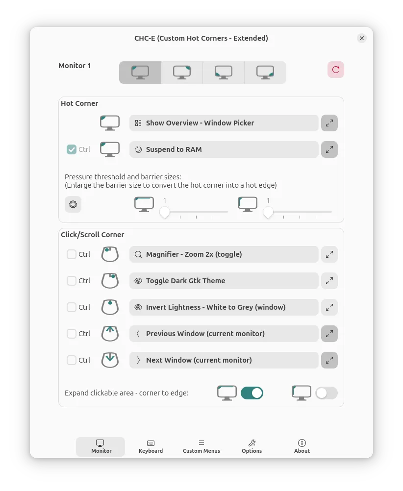 Custom Hot Corners Extended settings listing actions per corner