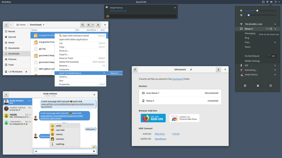 GSConnect windows showing a paired phone, notifications and file sharing
