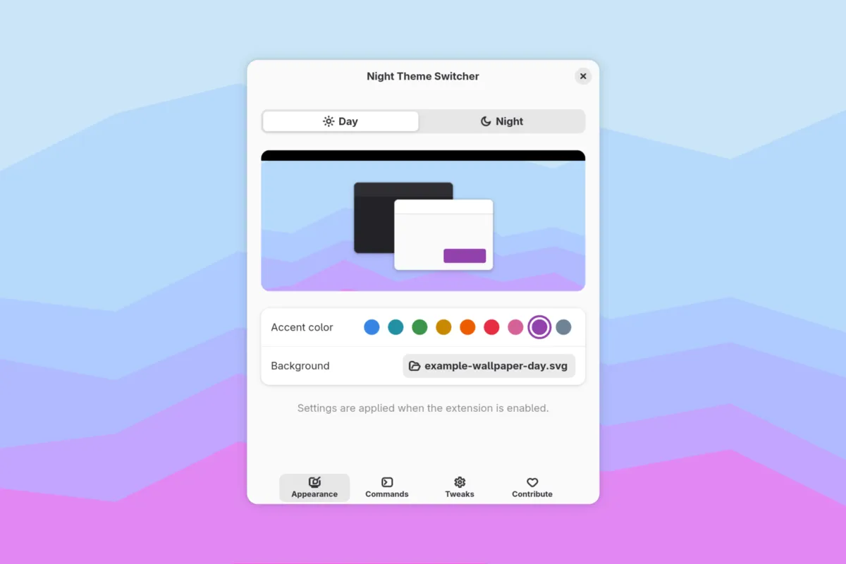 Night Theme Switcher settings with Day and Night tabs, accent color and background