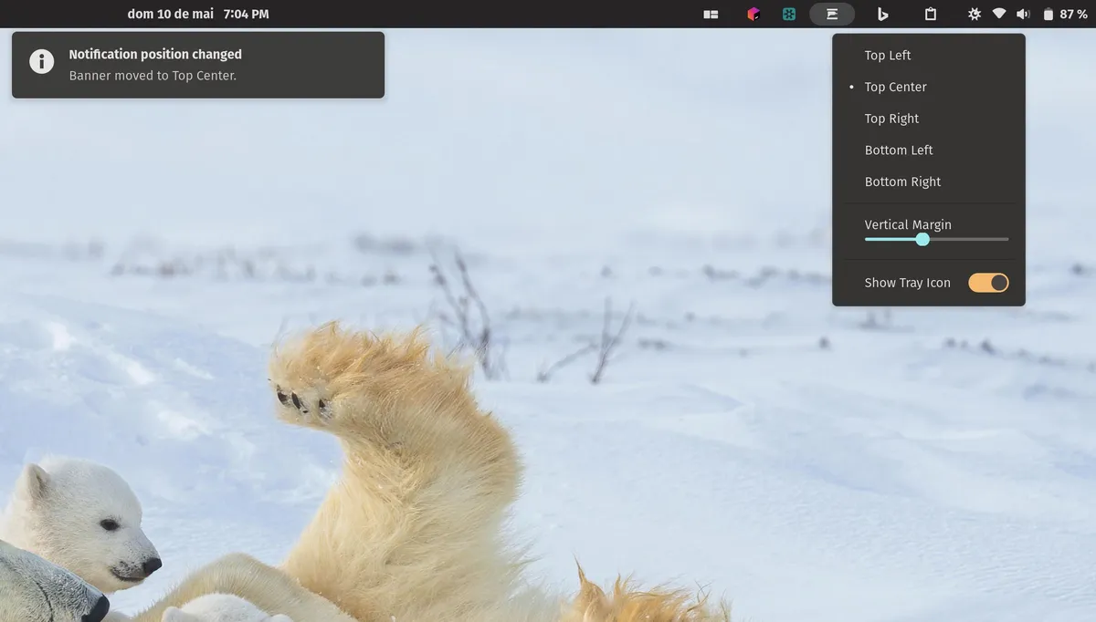 A notification banner in the top-right corner with the position menu open