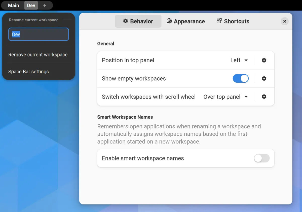 Space Bar showing named workspaces Main and Dev in the top bar, with its settings
