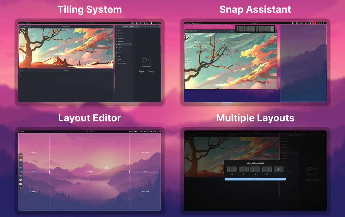 Tiling Shell features: tiling system, snap assistant, layout editor and multiple layouts